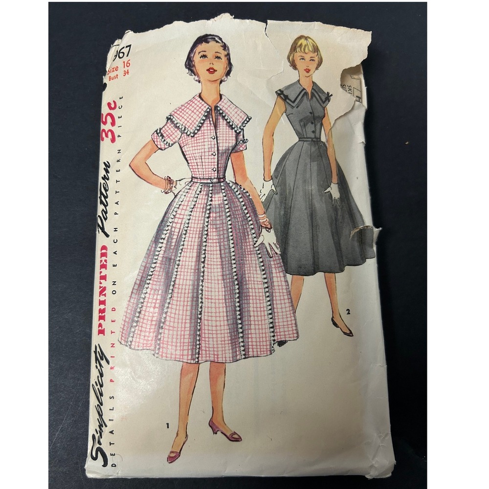 Vintage 1950s Simplicity 4967 Sewing Pattern Women Size 16 Dress Pilgrim Collar
